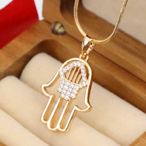 "Rose Gold Hamsa Hand Pendant with Sparkling Stone Detailing, XPPT1231 - Picture 1 of 13